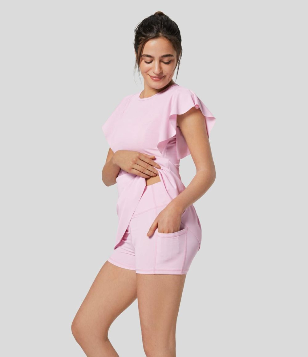 Ruffle Short Sleeve 2-Piece Side Pocket Flare Mini Active Dress  | Womens  Active Dresses Active Dresses Active Dresses