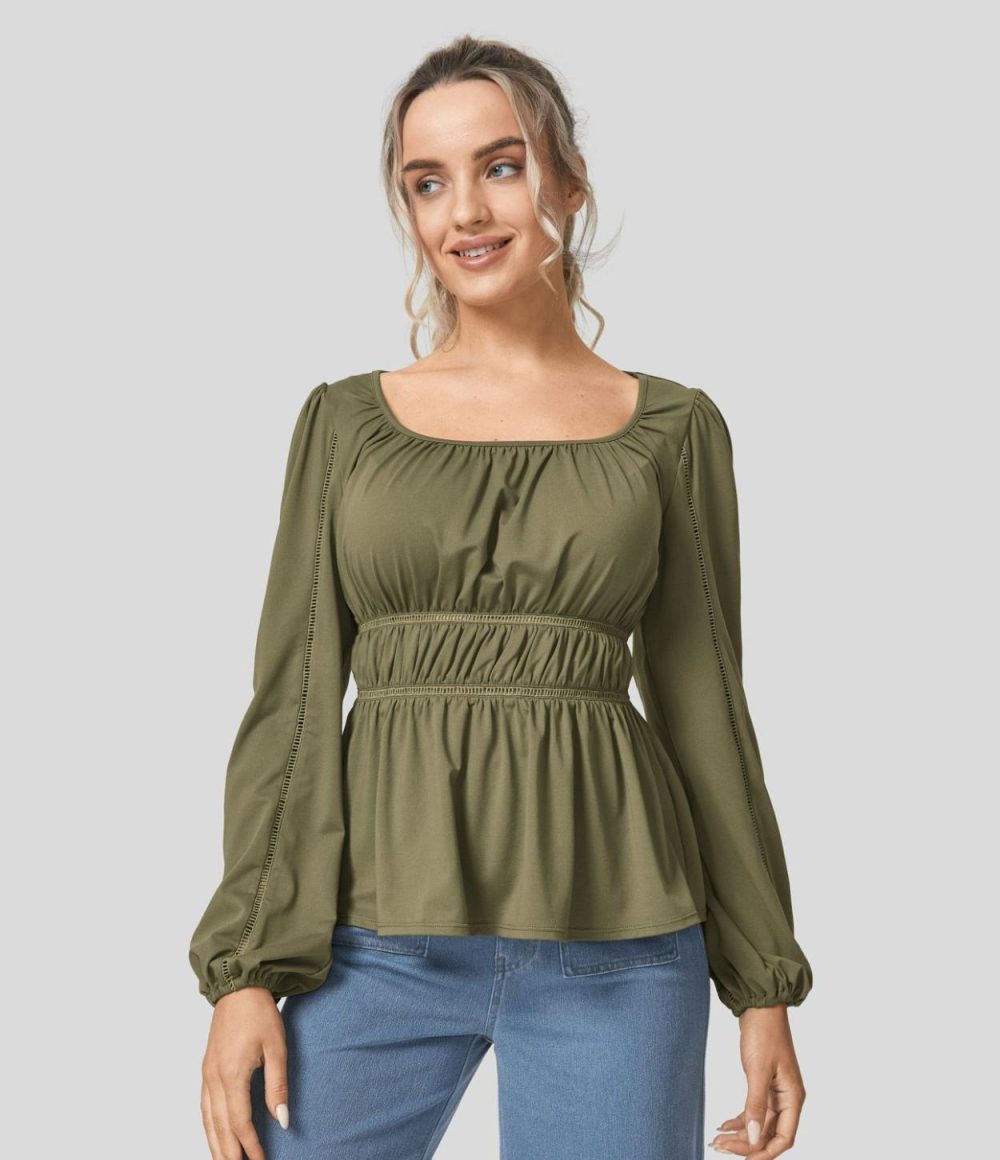 Scoop Neck Bishop Sleeve Cut Out Plicated Ruffle Hem Casual Blouse  | Womens  Long Sleeve Tops Clothing Capulet Olive/Black