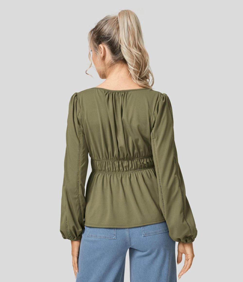 Scoop Neck Bishop Sleeve Cut Out Plicated Ruffle Hem Casual Blouse  | Womens  Long Sleeve Tops Clothing Capulet Olive/Black