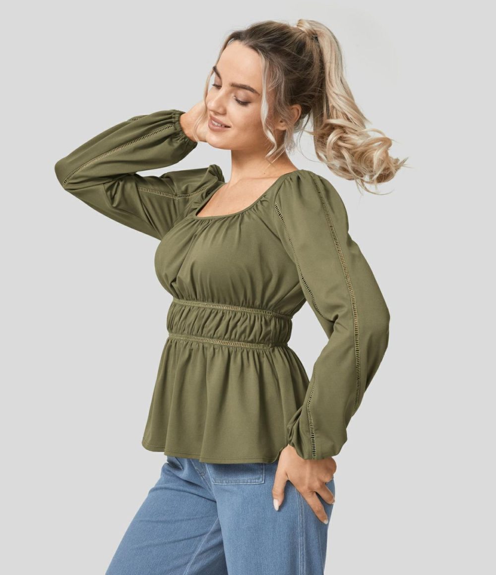 Scoop Neck Bishop Sleeve Cut Out Plicated Ruffle Hem Casual Blouse  | Womens  Long Sleeve Tops Clothing Capulet Olive/Black