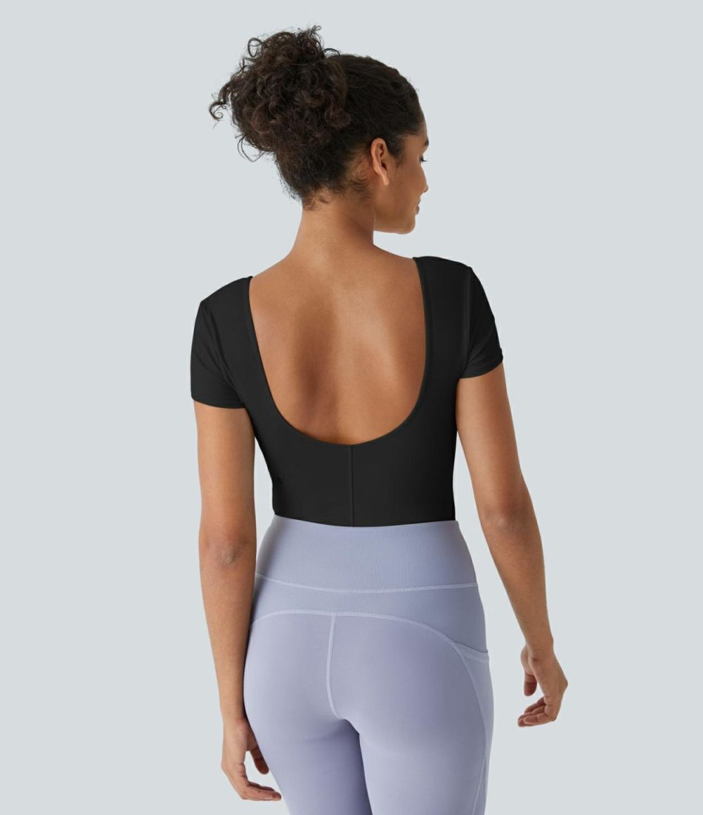 Scoop Neck Cut Out U Back Backless Yoga Bodysuit  | Womens  Bodysuits Bodysuits Bodysuits