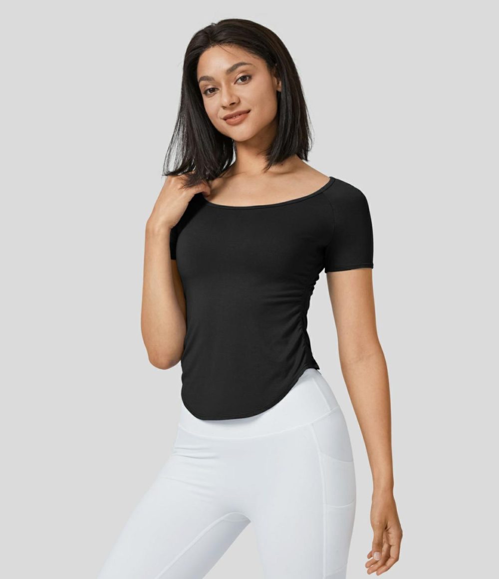 Scoop Neck Short Sleeve Ruched Curved Hem Slim Yoga Sports Top  | Womens  Sports Tops Clothing Bleached Denim/Black