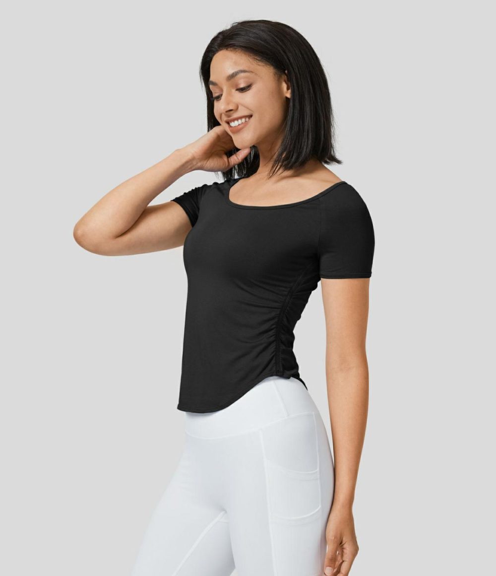 Scoop Neck Short Sleeve Ruched Curved Hem Slim Yoga Sports Top  | Womens  Sports Tops Clothing Bleached Denim/Black