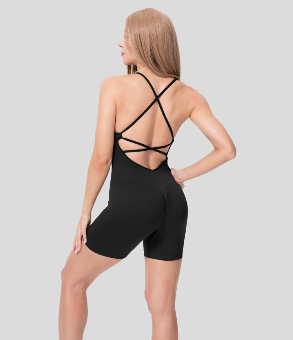 Seamless Flow Adjustable Strap Backless Crisscross Ruched Plain Yoga Jumpsuit  | Womens  Rompers Clothing Black/Deep Sea Blue