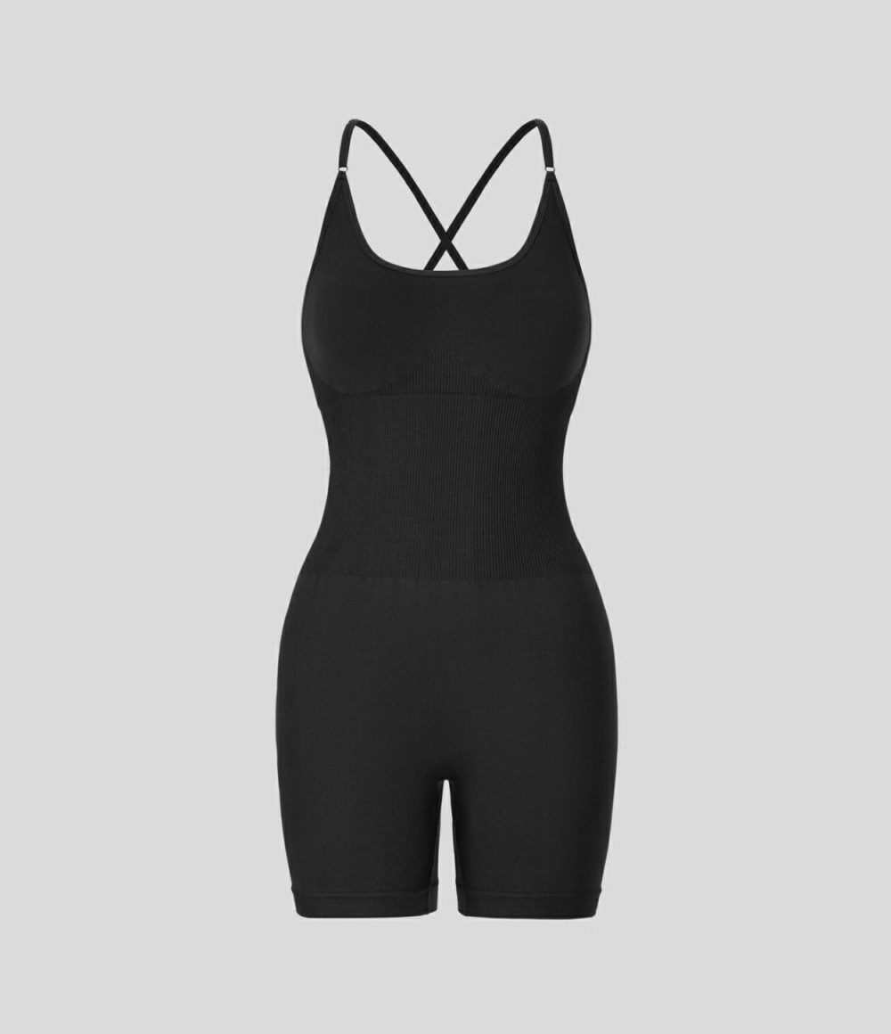 Seamless Flow Adjustable Strap Backless Crisscross Ruched Plain Yoga Jumpsuit  | Womens  Rompers Clothing Black/Deep Sea Blue