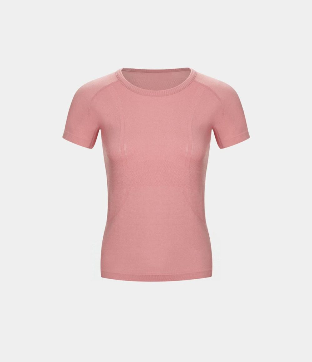 Seamless Flow Breathable Round Neck Casual Sports Top  | Womens  Sports Tops Clothing Coral Blush/Black/White