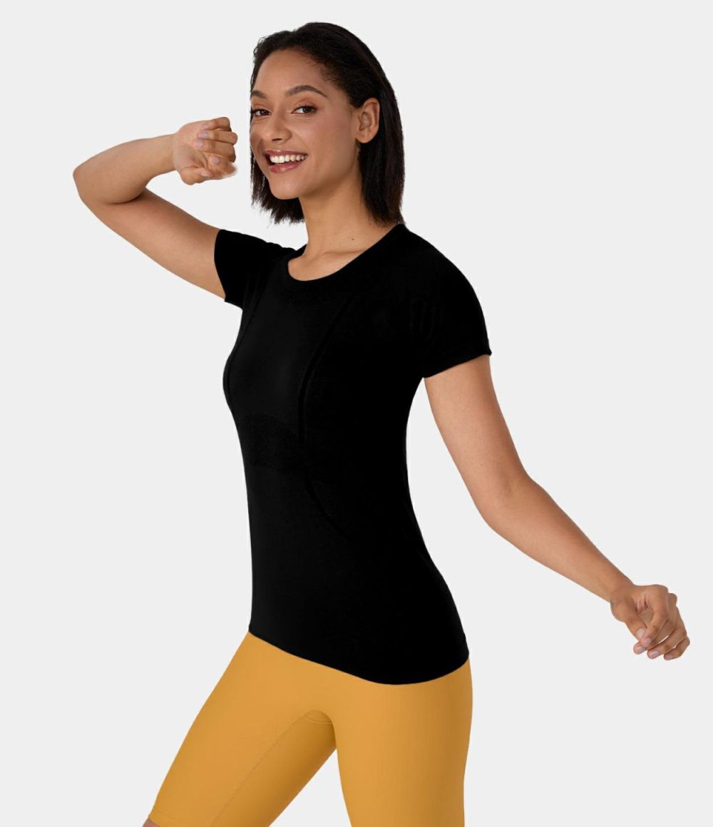 Seamless Flow Breathable Round Neck Casual Sports Top  | Womens  Sports Tops Clothing Coral Blush/Black/White