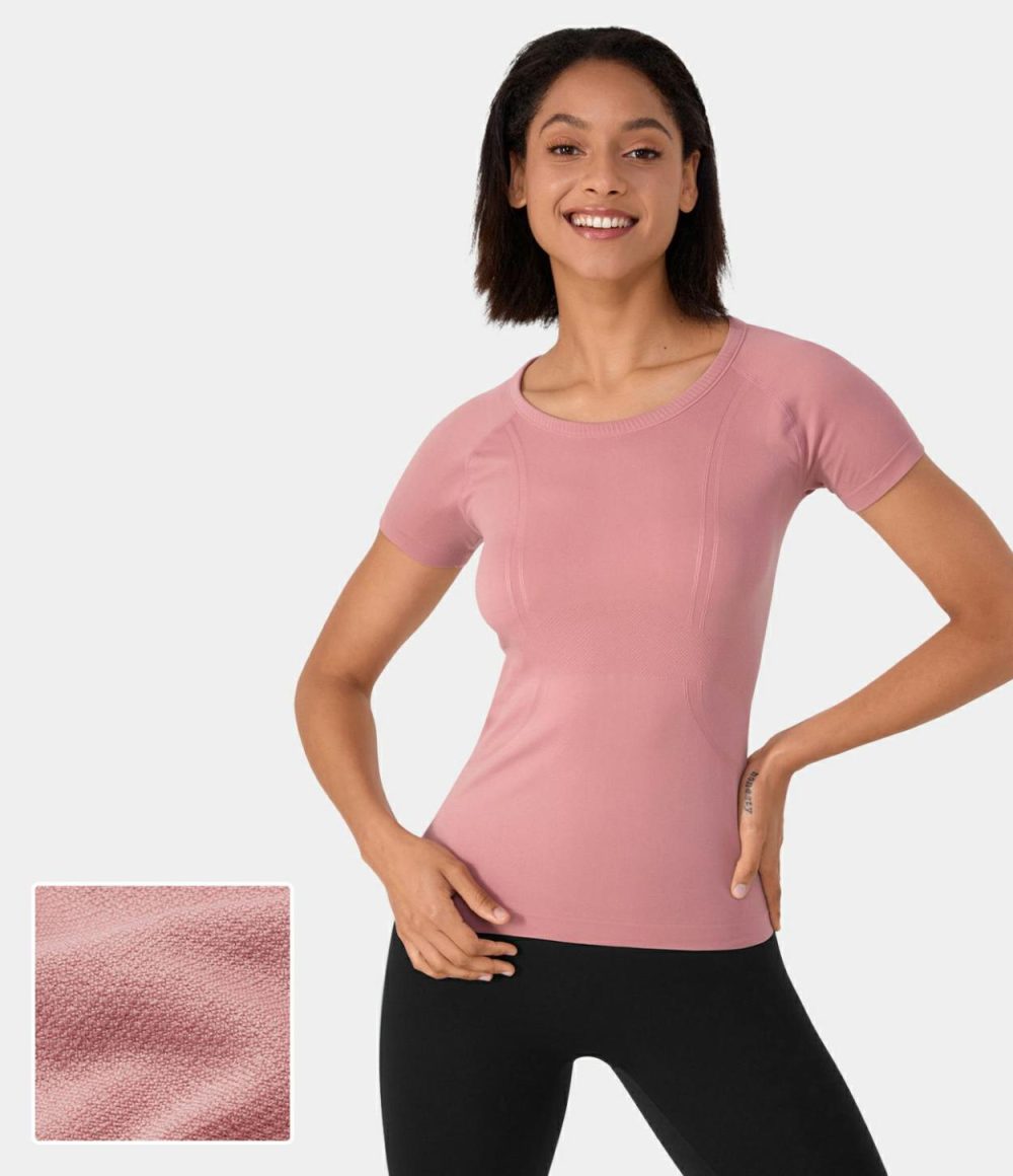 Seamless Flow Breathable Round Neck Casual Sports Top  | Womens  Sports Tops Clothing Coral Blush/Black/White