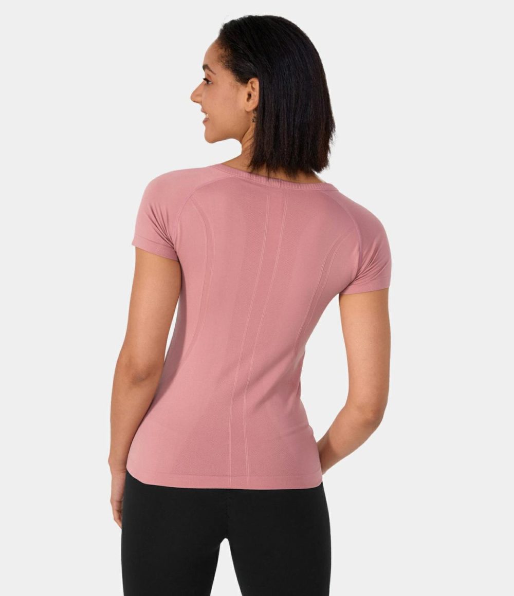 Seamless Flow Breathable Round Neck Casual Sports Top  | Womens  Sports Tops Clothing Coral Blush/Black/White