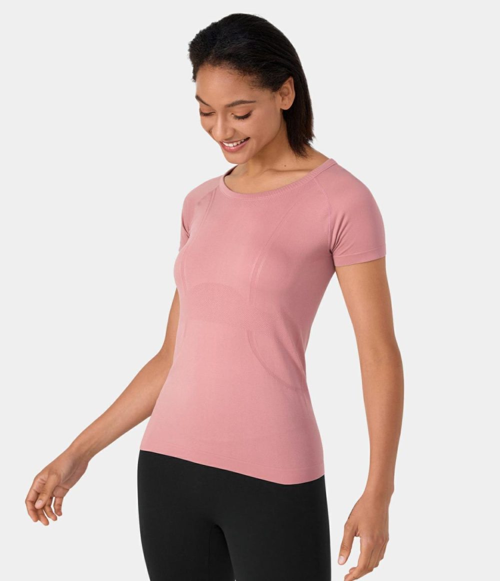 Seamless Flow Breathable Round Neck Casual Sports Top  | Womens  Sports Tops Clothing Coral Blush/Black/White