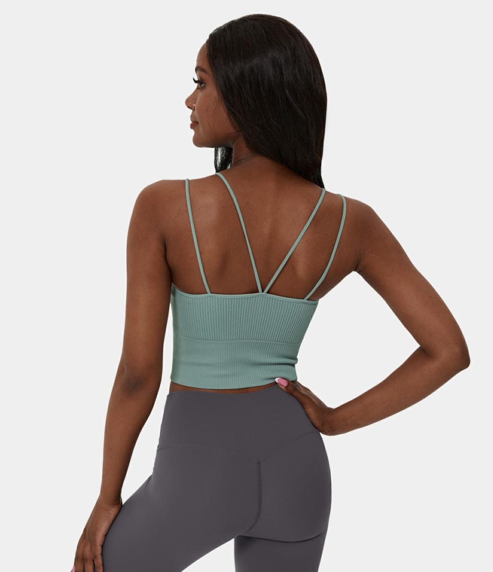 Seamless Flow Double Straps V Back Cropped Running Cami Top  | Womens  Cropped Tops Clothing Cropped Tops