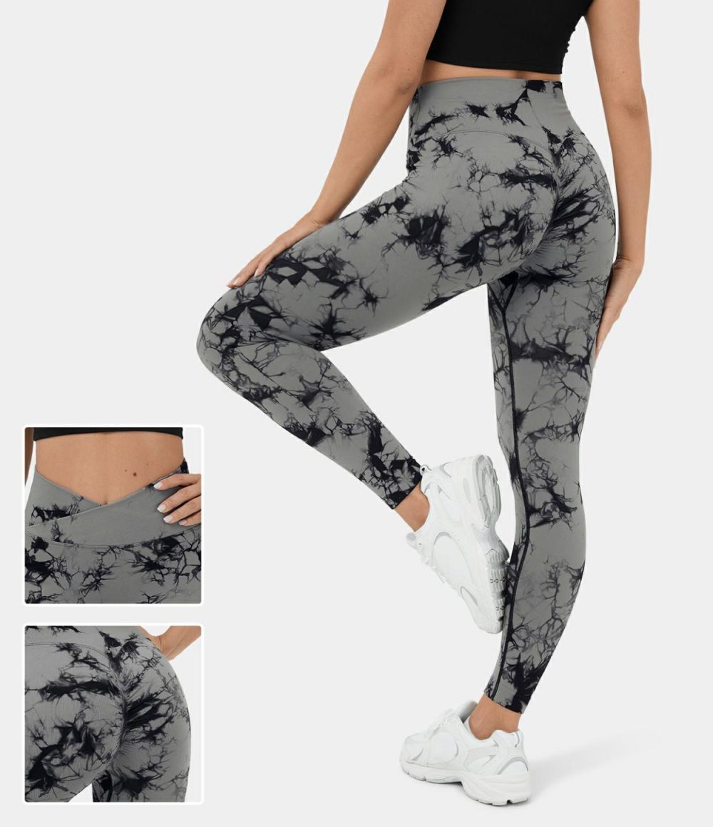 Seamless Flow High Waisted Crossover Ruched Tie Dye Yoga Leggings  | Womens  Crossover Leggings Clothing Crossover Leggings