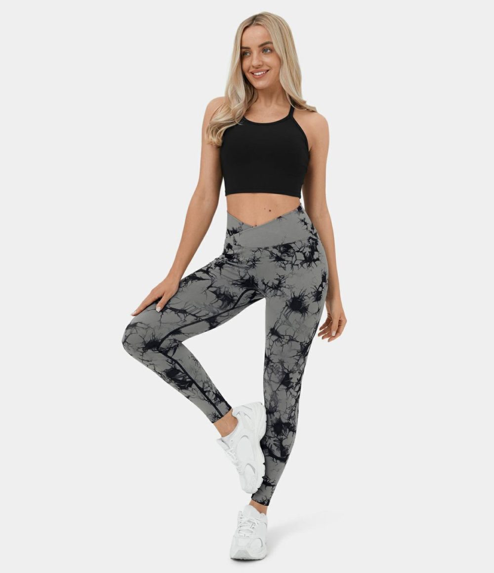 Seamless Flow High Waisted Crossover Ruched Tie Dye Yoga Leggings  | Womens  Crossover Leggings Clothing Crossover Leggings