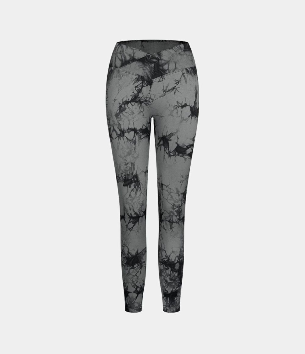 Seamless Flow High Waisted Crossover Ruched Tie Dye Yoga Leggings  | Womens  Crossover Leggings Clothing Crossover Leggings