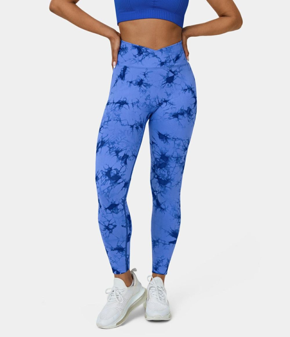 Seamless Flow High Waisted Crossover Ruched Tie Dye Yoga Leggings  | Womens  Crossover Leggings Clothing Crossover Leggings