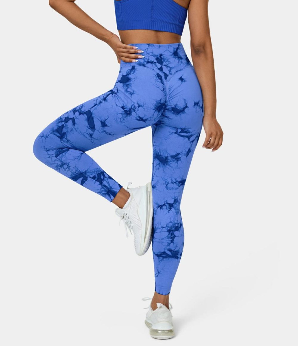 Seamless Flow High Waisted Crossover Ruched Tie Dye Yoga Leggings  | Womens  Crossover Leggings Clothing Crossover Leggings