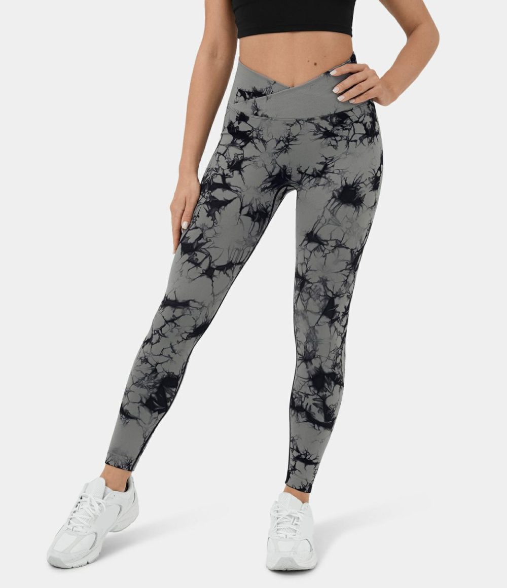 Seamless Flow High Waisted Crossover Ruched Tie Dye Yoga Leggings  | Womens  Crossover Leggings Clothing Crossover Leggings