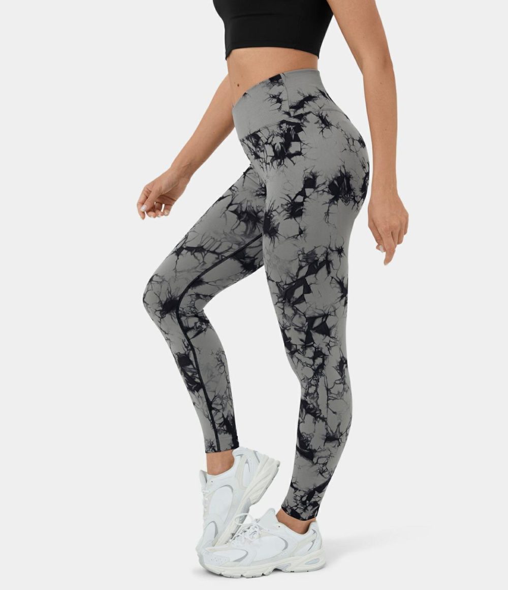 Seamless Flow High Waisted Crossover Ruched Tie Dye Yoga Leggings  | Womens  Crossover Leggings Clothing Crossover Leggings