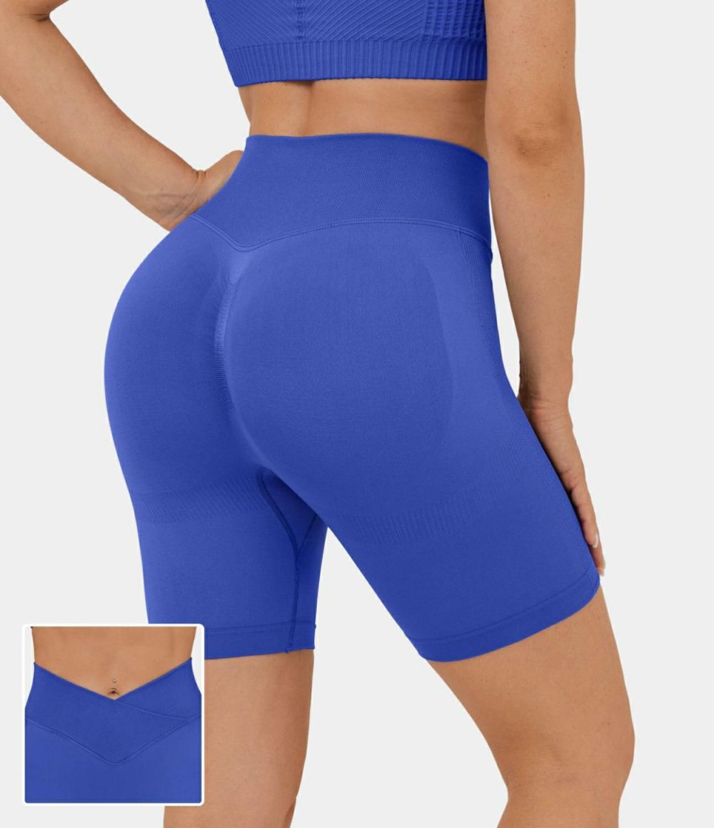 Seamless Flow High Waisted Crossover Ruched Yoga Biker Shorts  | Womens  Crossover Shorts Clothing Crossover Shorts