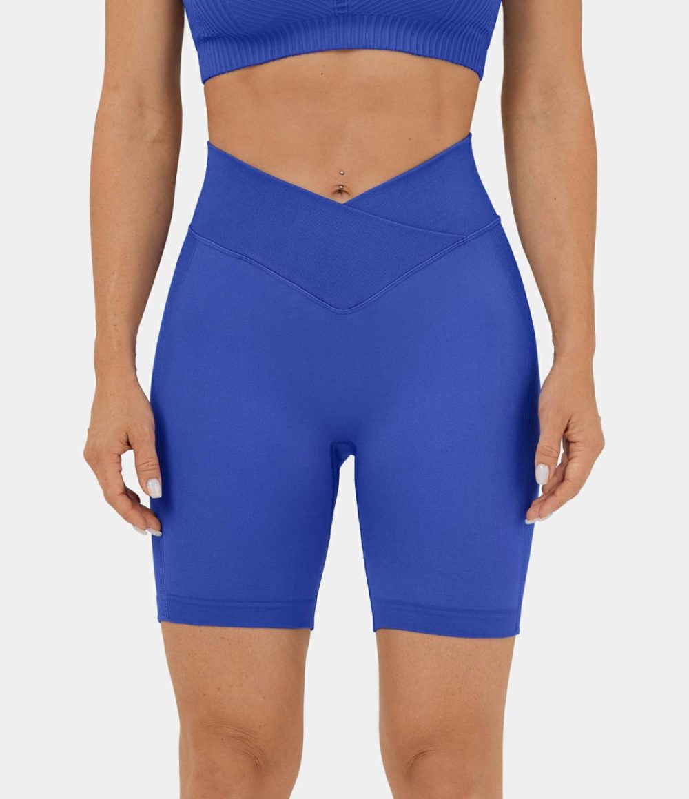 Seamless Flow High Waisted Crossover Ruched Yoga Biker Shorts  | Womens  Crossover Shorts Clothing Crossover Shorts