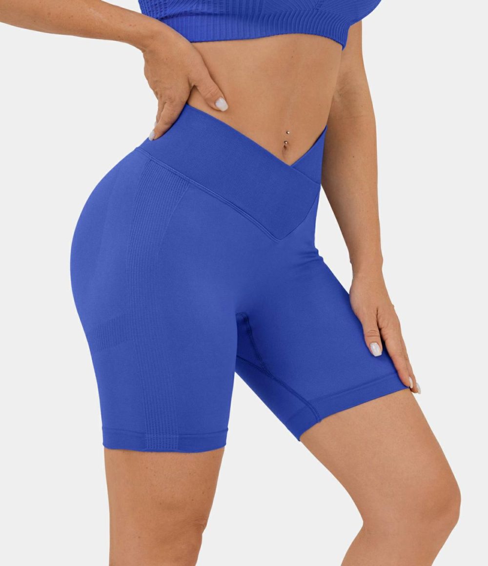 Seamless Flow High Waisted Crossover Ruched Yoga Biker Shorts  | Womens  Crossover Shorts Clothing Crossover Shorts