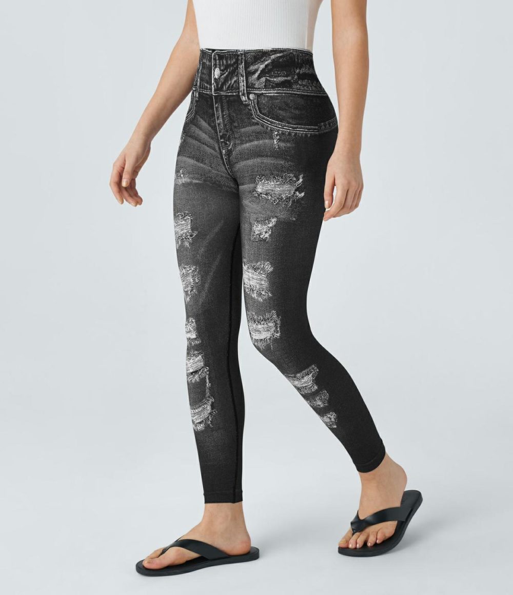 Seamless Flow High Waisted Denim Print Casual Leggings  | Womens  Denim Shorts Clothing Cyaneus/Black