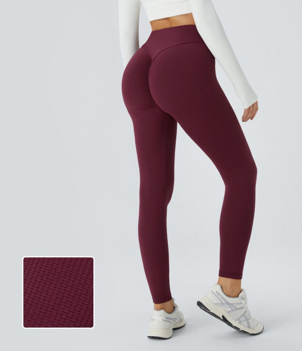 Seamless Flow High Waisted Jacquard Butt Lifting Leggings  | Womens  Butt Lifting Leggings Butt Lifting Leggings Burgundy/Black/Dark Grey