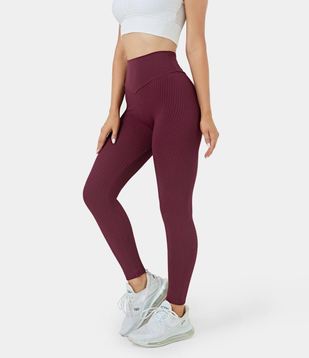 Seamless Flow High Waisted Jacquard Butt Lifting Leggings  | Womens  Butt Lifting Leggings Butt Lifting Leggings Burgundy/Black/Dark Grey