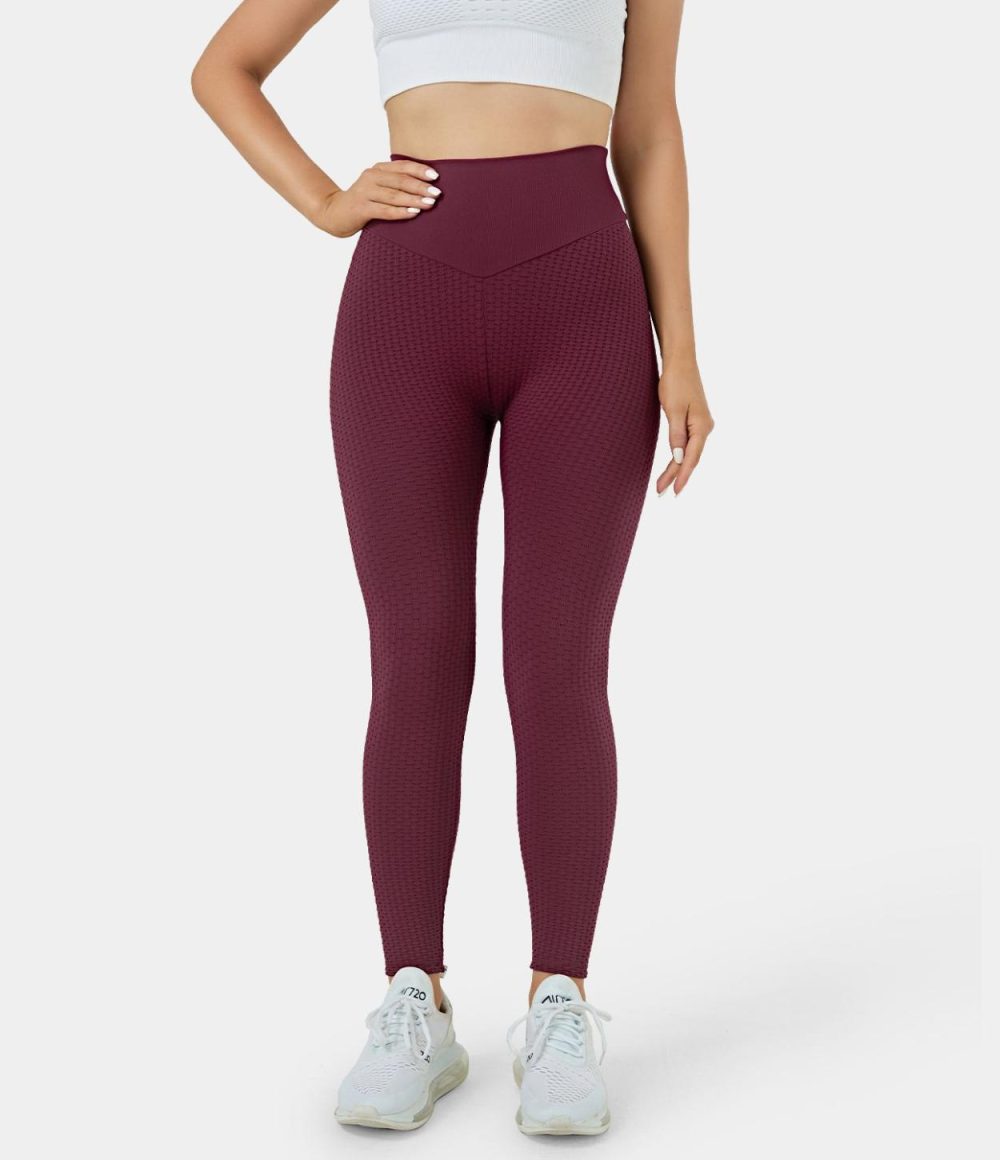 Seamless Flow High Waisted Jacquard Butt Lifting Leggings  | Womens  Butt Lifting Leggings Butt Lifting Leggings Burgundy/Black/Dark Grey