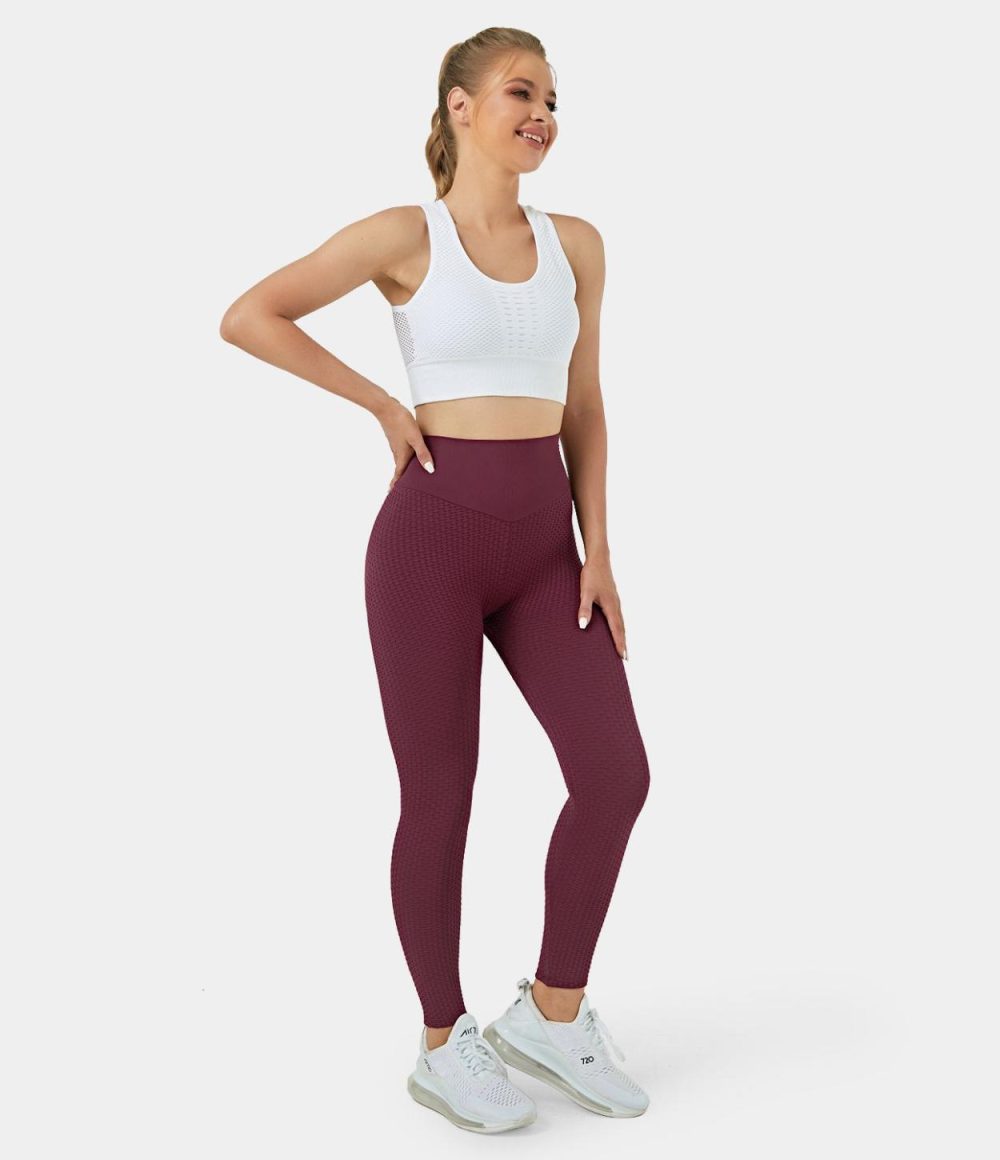 Seamless Flow High Waisted Jacquard Butt Lifting Leggings  | Womens  Butt Lifting Leggings Butt Lifting Leggings Burgundy/Black/Dark Grey