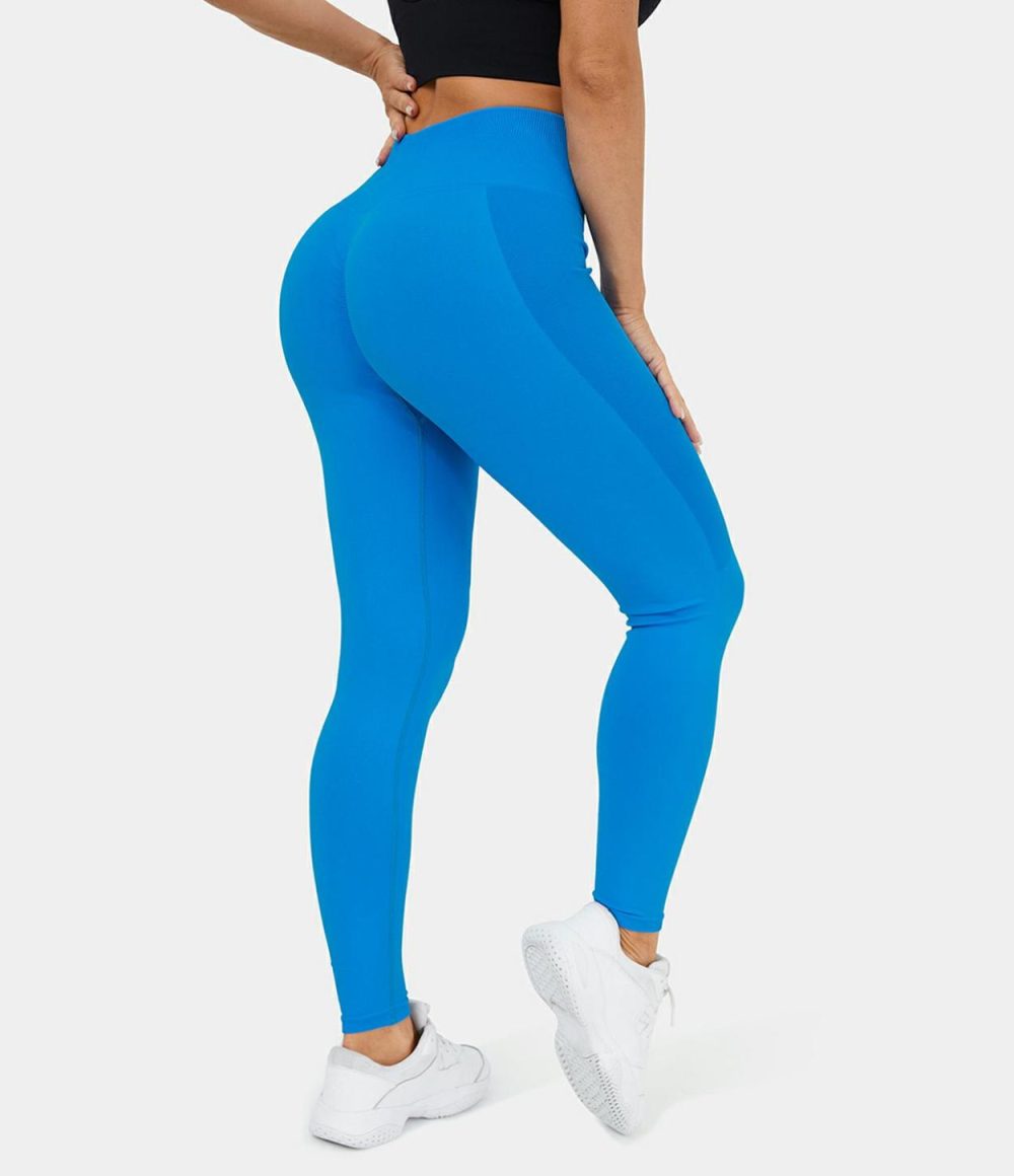 Seamless Flow High Waisted Ruched Yoga 7/8 Leggings  | Womens  Yoga Leggings Clothing Blue