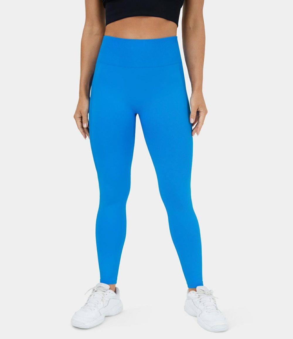 Seamless Flow High Waisted Ruched Yoga 7/8 Leggings  | Womens  Yoga Leggings Clothing Blue