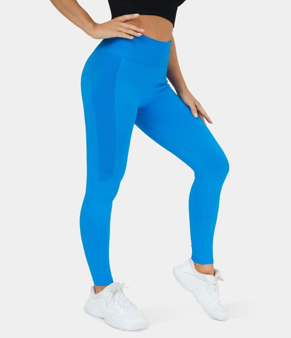 Seamless Flow High Waisted Ruched Yoga 7/8 Leggings  | Womens  Yoga Leggings Clothing Blue