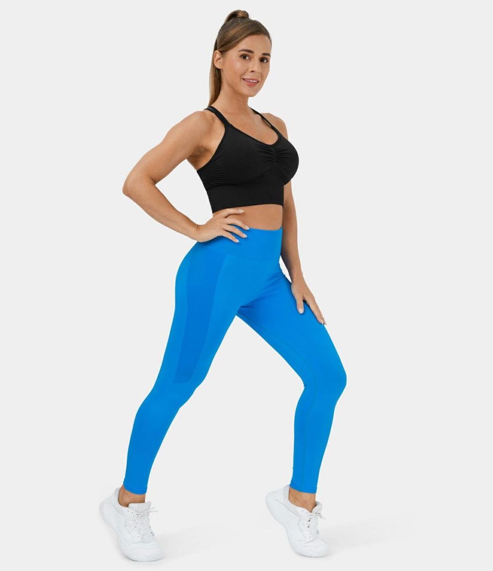 Seamless Flow High Waisted Ruched Yoga 7/8 Leggings  | Womens  Yoga Leggings Clothing Blue