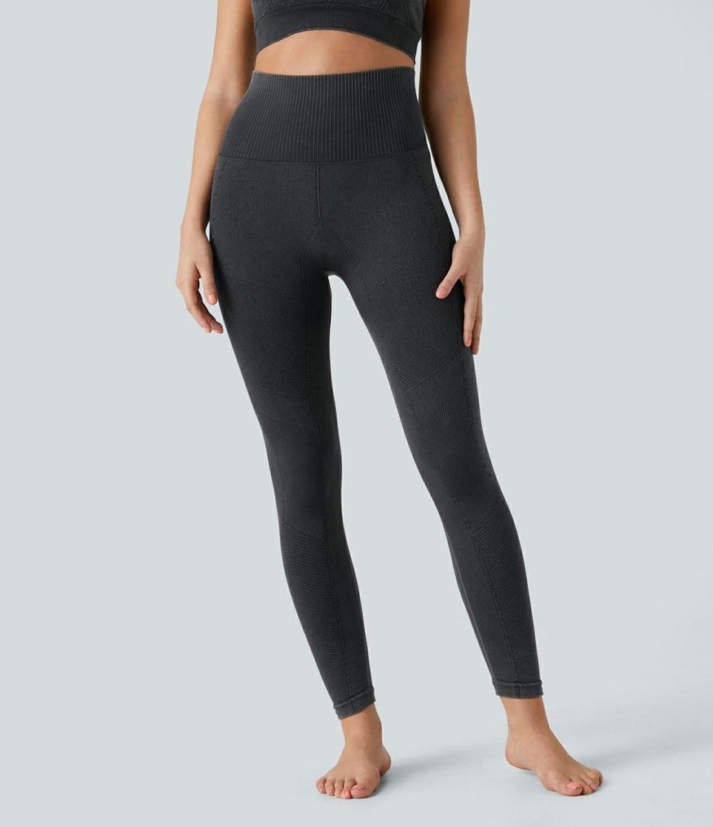 Seamless Flow High Waisted Washed Yoga 7/8 Leggings  | Womens  Yoga Leggings Clothing Tea/Black