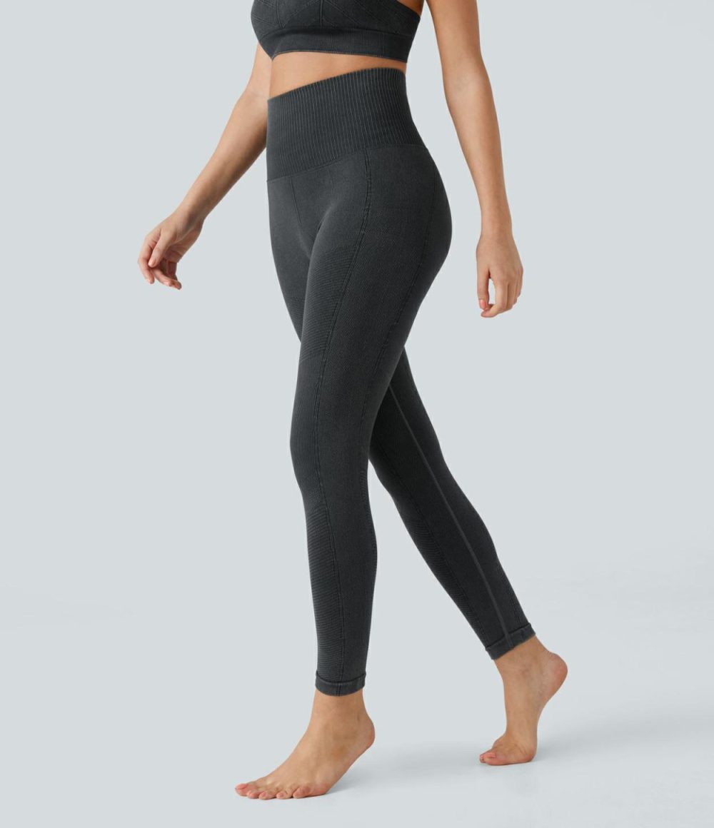 Seamless Flow High Waisted Washed Yoga 7/8 Leggings  | Womens  Yoga Leggings Clothing Tea/Black