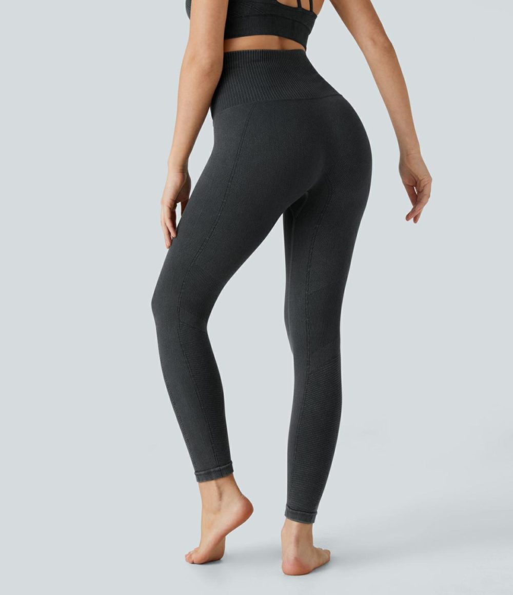 Seamless Flow High Waisted Washed Yoga 7/8 Leggings  | Womens  Yoga Leggings Clothing Tea/Black