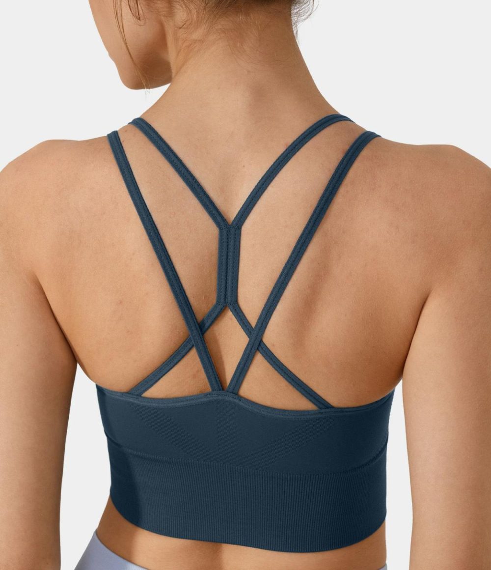 Seamless Flow Low Support Backless Crisscross Yoga Sports Bra  | Womens  Sports Bras Clothing Lavender Aura/Titan/Black