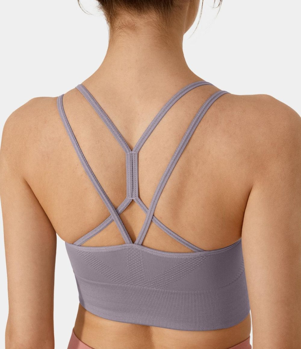 Seamless Flow Low Support Backless Crisscross Yoga Sports Bra  | Womens  Sports Bras Clothing Lavender Aura/Titan/Black