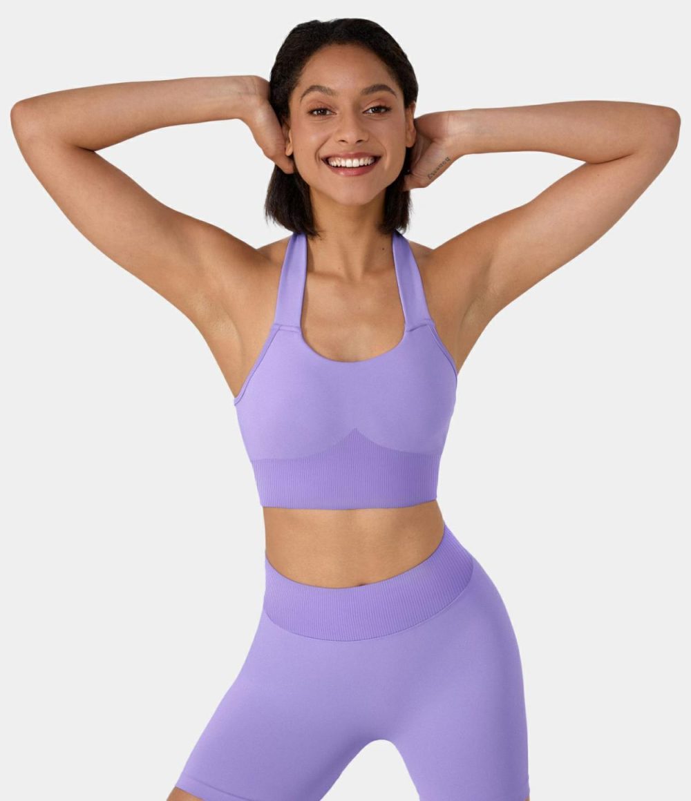 Seamless Flow Low Support Halter Tie Back Yoga Sports Bra  | Womens  Sports Bras Clothing Purple Rose/Black/Palace Blue