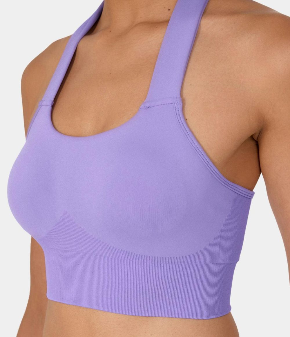 Seamless Flow Low Support Halter Tie Back Yoga Sports Bra  | Womens  Sports Bras Clothing Purple Rose/Black/Palace Blue