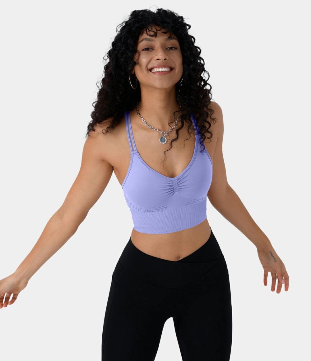 Seamless Flow Low Support Ruched Double Straps Backless Crisscross Sports Bra  | Womens  Sports Bras Clothing Granite Green/Black/Lilac Blush/Salmon/American Beauty/White/Easter Egg/Spellbound/Frost Gray/Amparo Blue