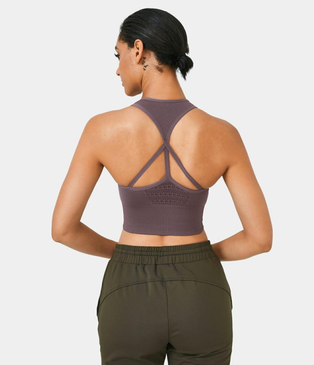 Seamless Flow Medium Support Racerback T Back Workout Sports Bra  | Womens  Sports Bras Clothing Deep Sage/Black/Mauve