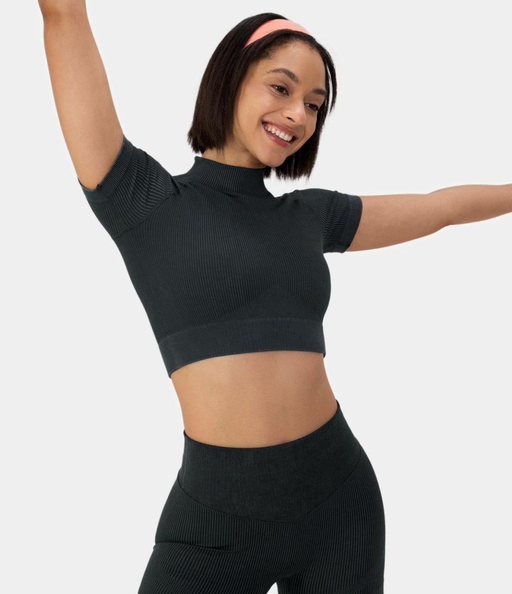 Seamless Flow Mock Neck Short Sleeve Cropped Sports Top  | Womens  Sports Tops Clothing Black