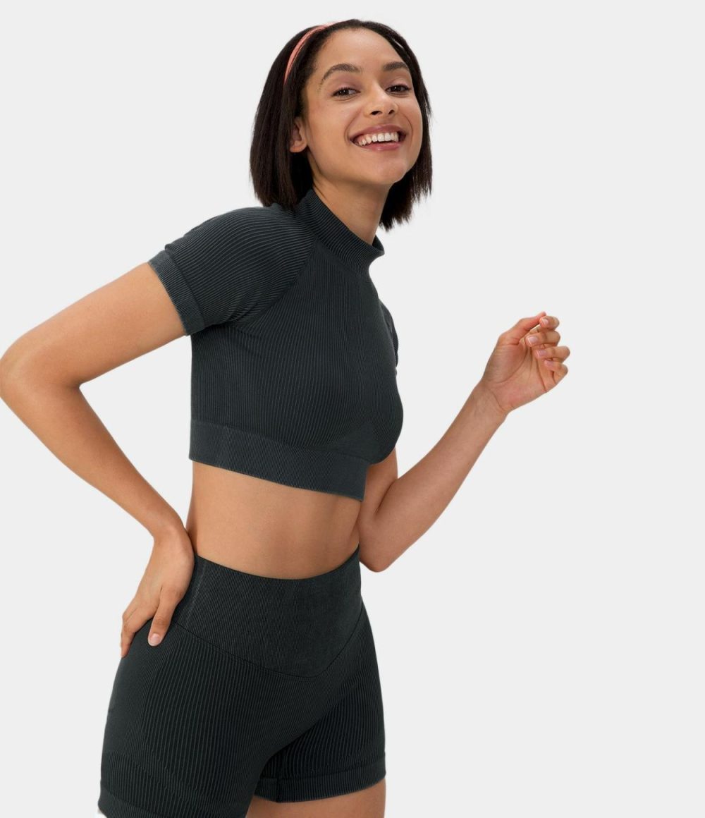 Seamless Flow Mock Neck Short Sleeve Cropped Sports Top  | Womens  Sports Tops Clothing Black