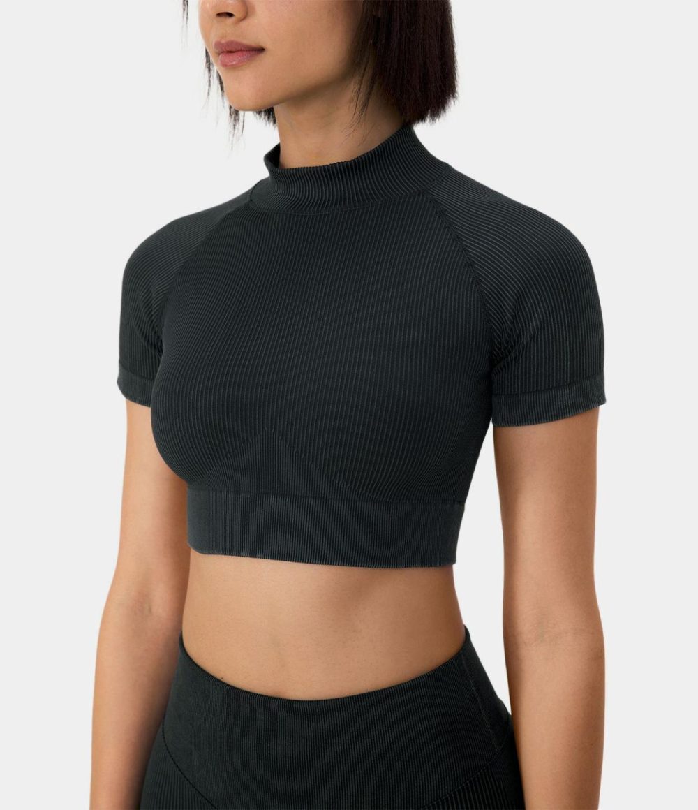 Seamless Flow Mock Neck Short Sleeve Cropped Sports Top  | Womens  Sports Tops Clothing Black