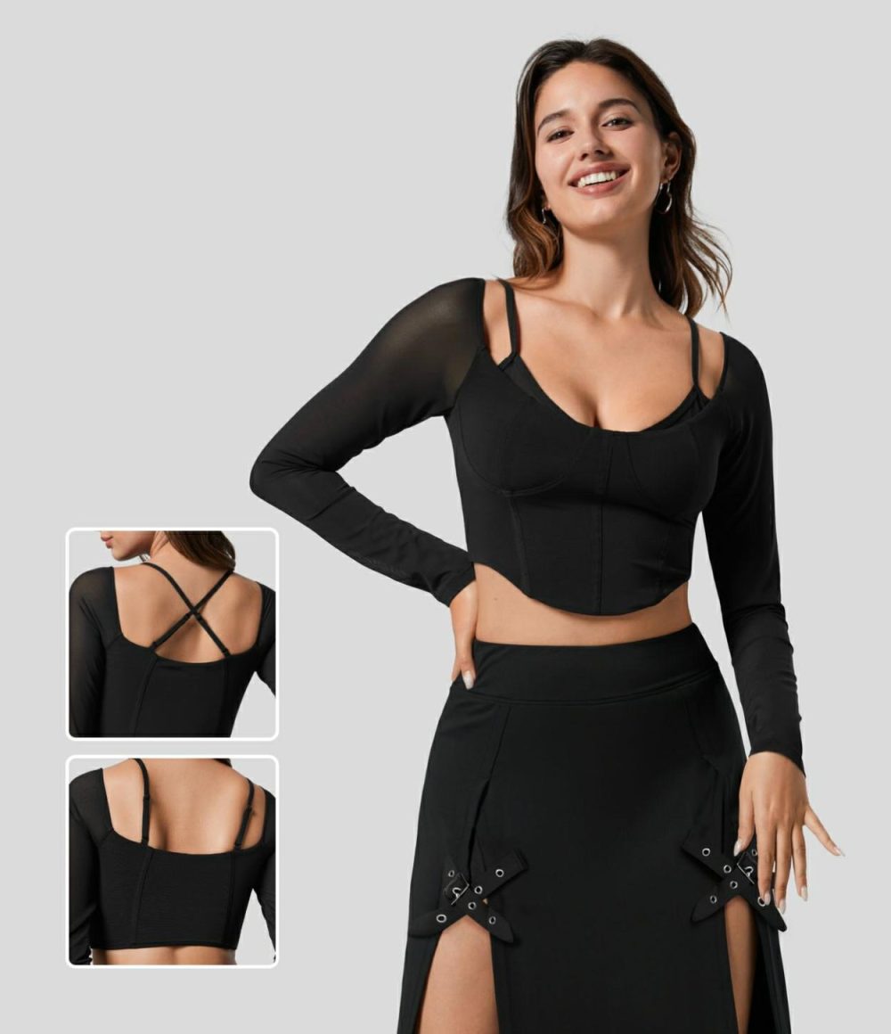 Sheer Adjustable Strap Backless Long Sleeve Mesh Corset Cropped Casual Top  | Womens  Long Sleeve Tops Clothing Black/Snow White