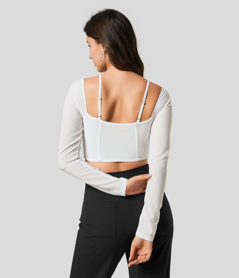 Sheer Adjustable Strap Backless Long Sleeve Mesh Corset Cropped Casual Top  | Womens  Long Sleeve Tops Clothing Black/Snow White