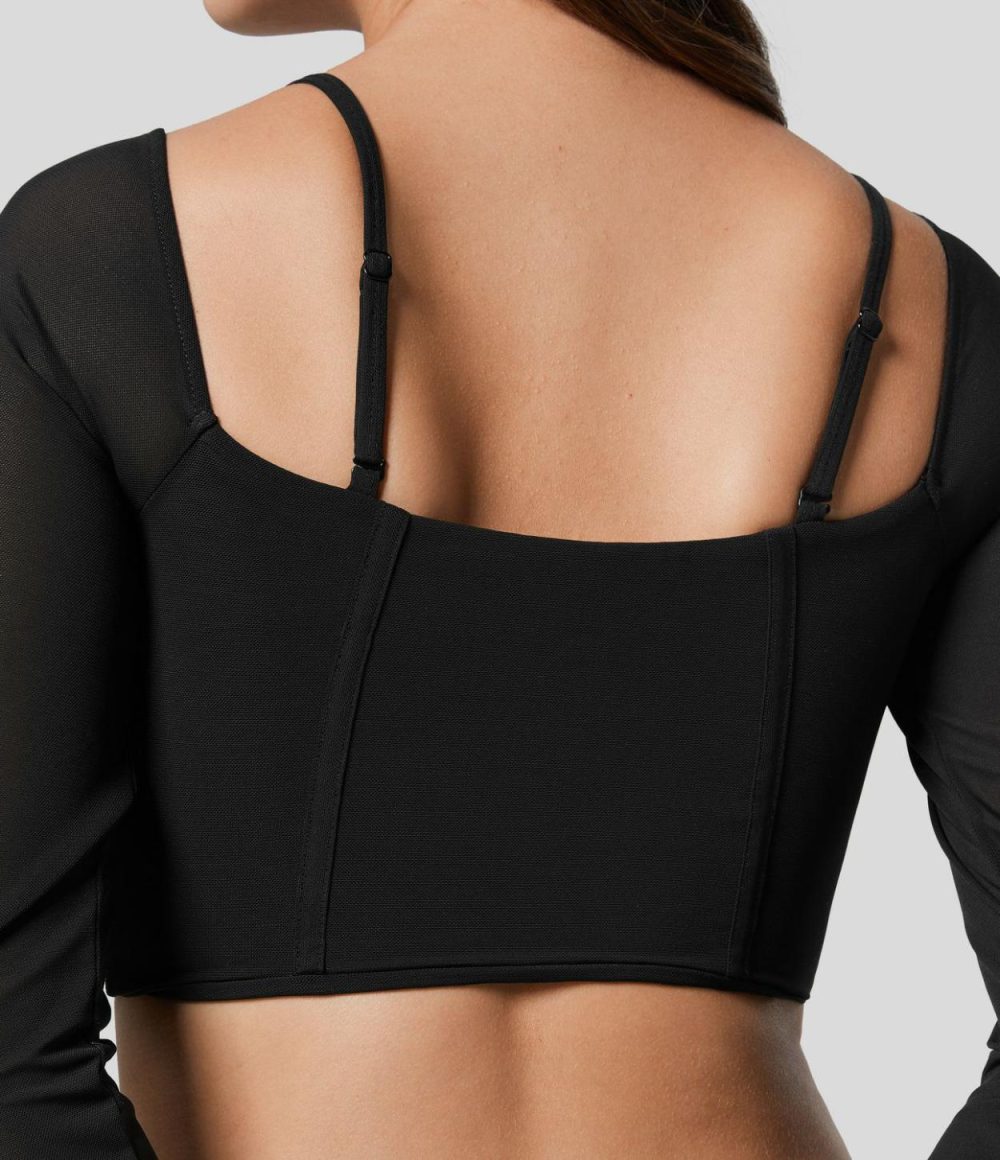 Sheer Adjustable Strap Backless Long Sleeve Mesh Corset Cropped Casual Top  | Womens  Long Sleeve Tops Clothing Black/Snow White