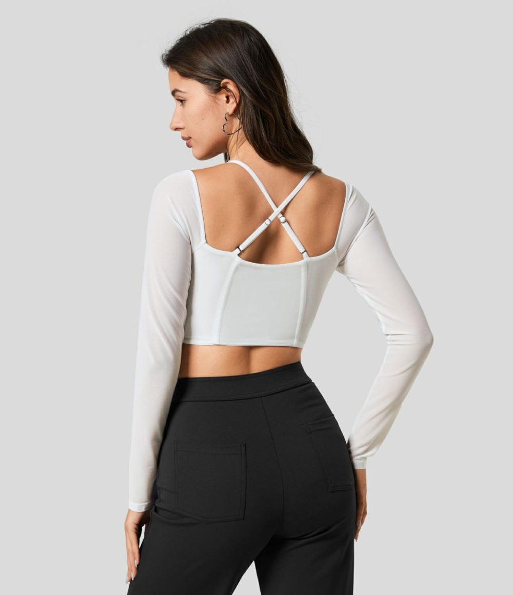 Sheer Adjustable Strap Backless Long Sleeve Mesh Corset Cropped Casual Top  | Womens  Long Sleeve Tops Clothing Black/Snow White